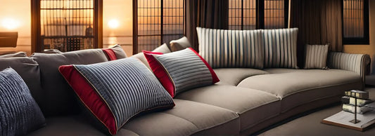 Living room with hypoallergenic pillows in various sizes and patterns, creating a cozy and stylish space.