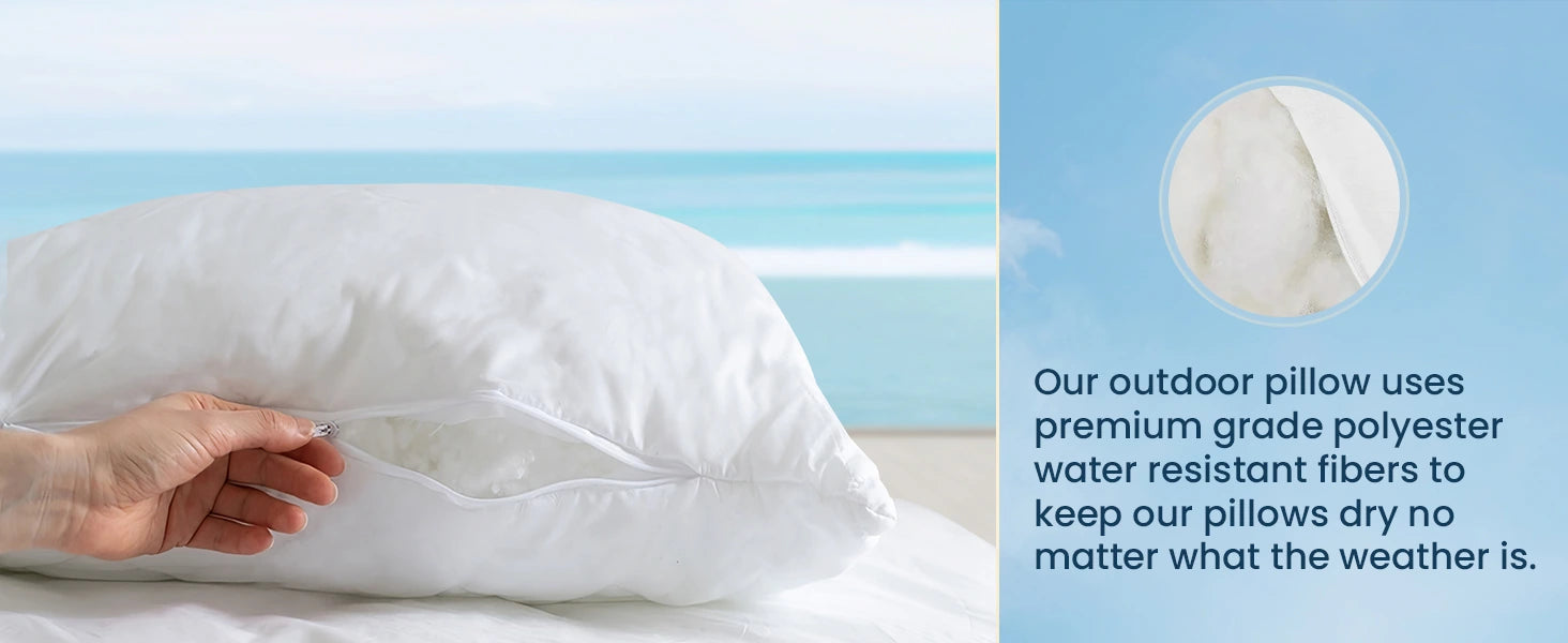  Outdoor pillow with premium grade polyester water-resistant fibers to stay dry in any weather.